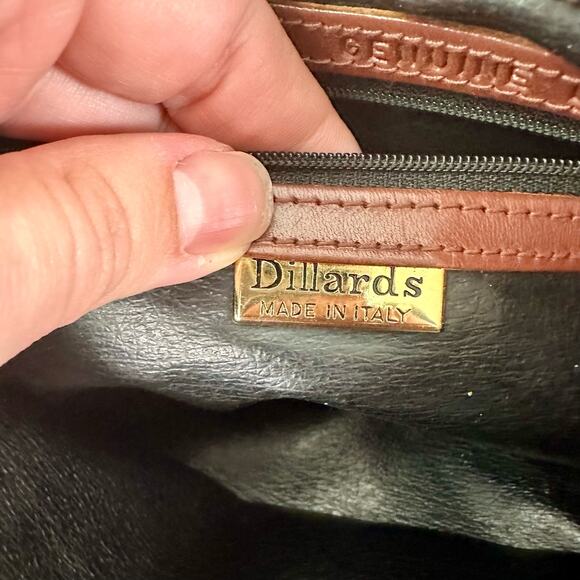 Dillard's VTG Black Fiber & Brown Genuine Leather Trim Hand Bag Tote Purse Italy - Picture 7 of 10